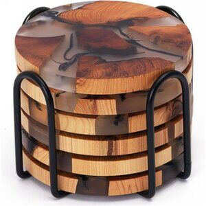 Wooden Resin Drink Coasters Set of 6 with Holder Absorbent Coffee Table Decor